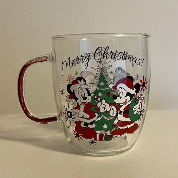 Disney Mickey And Minnie Merry Christmas Glass Mug With Moving Glitter Handle - Picture 1 of 6